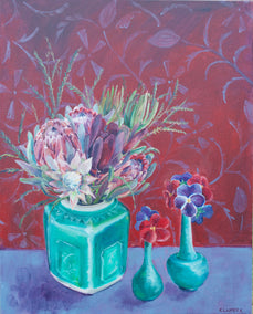 oil painting by Alana Clumeck titled Protea & Pansies