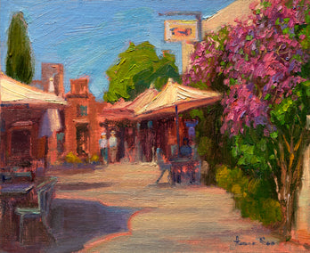 oil painting by Aruna Rao titled Cafe Bougainvillea