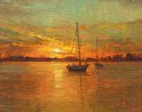 Original art for sale at UGallery.com | Harbor Glow by Aruna Rao | $725 | oil painting | 12' h x 16' w | thumbnail 4