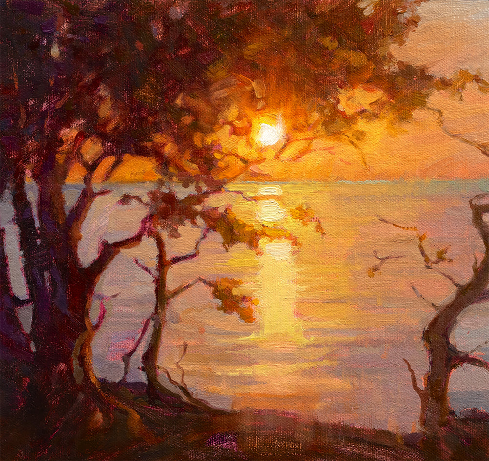 Silhouettes by Dawn’s Golden Light by Aruna Rao |  Closeup View of Artwork 