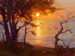 Original art for sale at UGallery.com | Silhouettes by Dawn’s Golden Light by Aruna Rao | $600 | oil painting | 9' h x 12' w