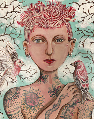 House Finches and Branches by Johansen Newman |   Closeup View of Artwork 