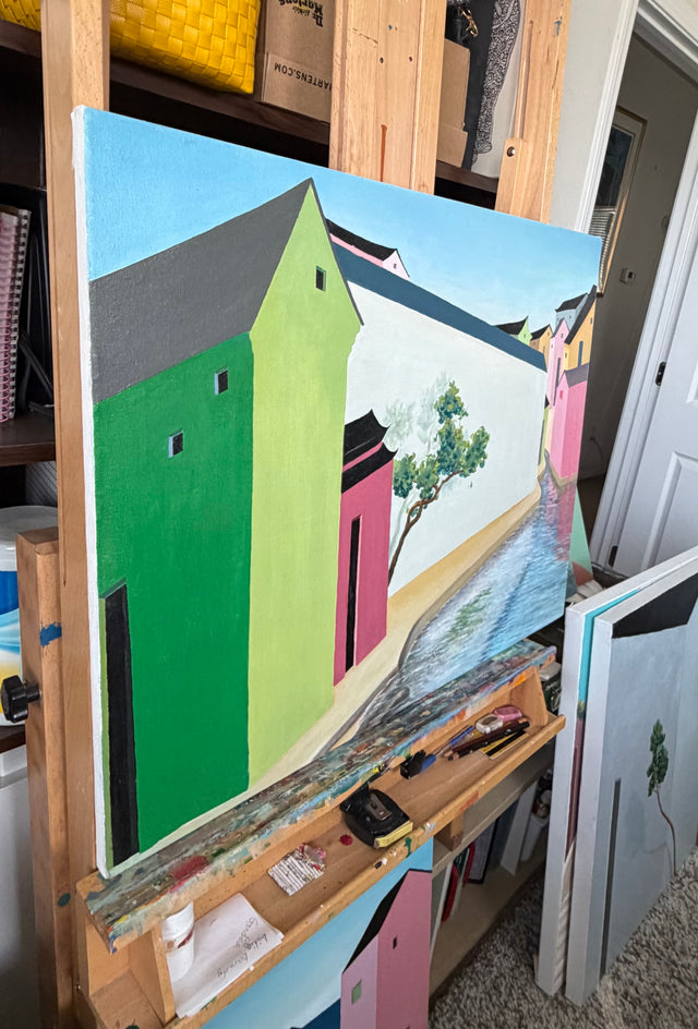 Ancient Town with Waterway by Benjamin Xu |  Side View of Artwork 
