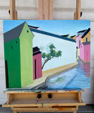 Original art for sale at UGallery.com | Ancient Town with Waterway by Benjamin Xu | $1,375 | oil painting | 24' h x 30' w | thumbnail 3