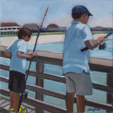 Original art for sale at UGallery.com | Fishing off the Pier by Carey Parks | $650 | acrylic painting | 12' h x 12' w | thumbnail 1