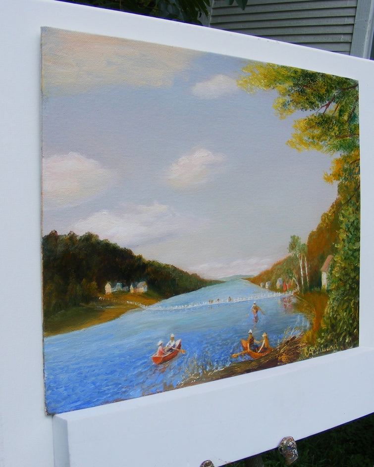 Boaters on Brookfield Pond by Carolyn Steward |  Side View of Artwork 