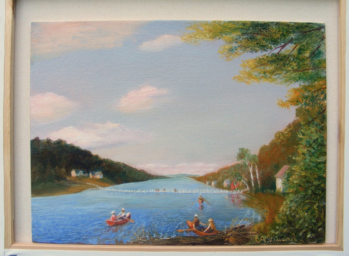 Boaters on Brookfield Pond by Carolyn Steward |  Context View of Artwork 
