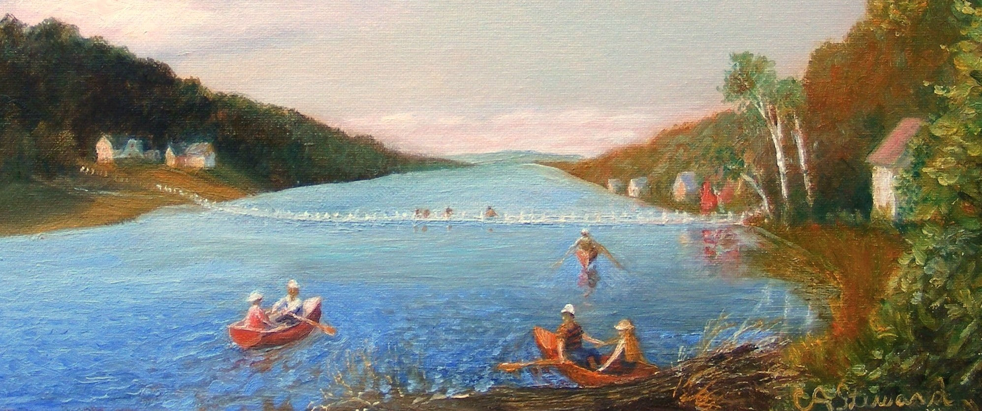 Boaters on Brookfield Pond by Carolyn Steward |  Closeup View of Artwork 