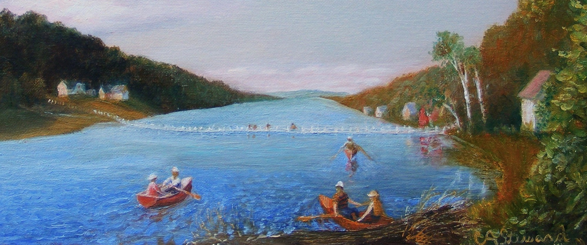 Boaters on Brookfield Pond by Carolyn Steward |  Closeup View of Artwork 