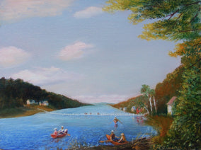 Original art for sale at UGallery.com | Boaters on Brookfield Pond by Carolyn Steward | $550 | oil painting | 12' h x 16' w