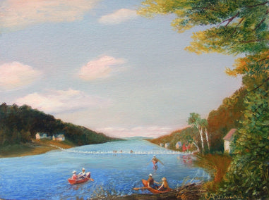 oil painting by Carolyn Steward titled Boaters on Brookfield Pond