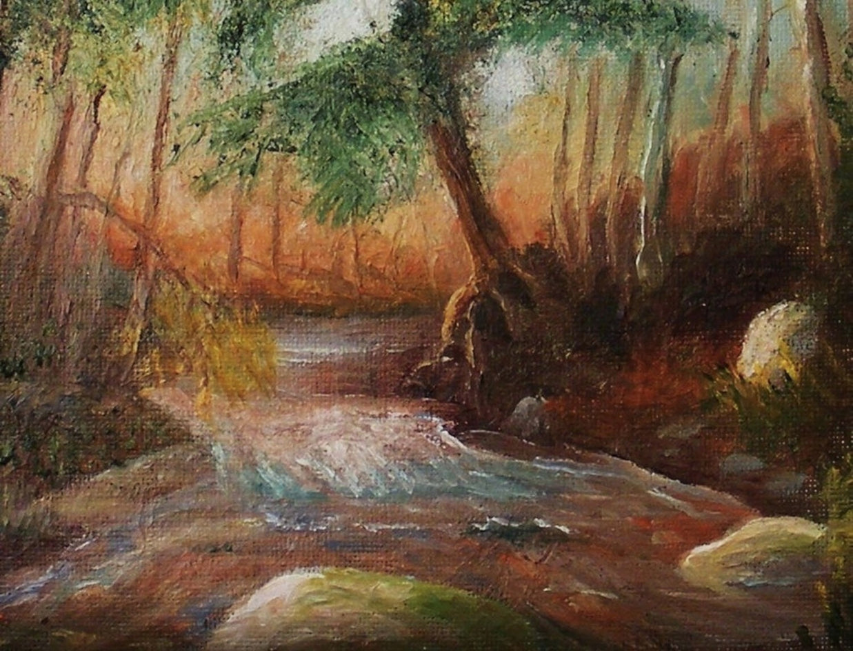 Pine Tree by the Stream by Carolyn Steward |  Closeup View of Artwork 