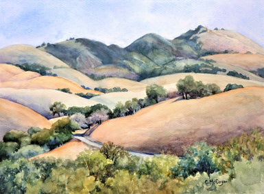 watercolor painting by Catherine McCargar titled Castle Rock Trail, and Mt. Diablo