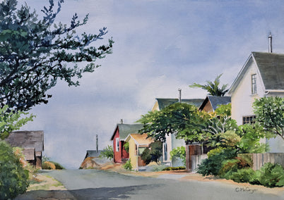 watercolor painting by Catherine McCargar titled Mendocino Cottages