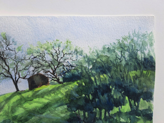 Shadowed Hill Behind the Barn by Catherine McCargar |  Side View of Artwork 