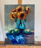 Original art for sale at UGallery.com | Sunflowers and Green Apples by Claudia Verciani | $925 | oil painting | 16' h x 12' w | thumbnail 3