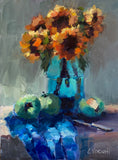 Original art for sale at UGallery.com | Sunflowers and Green Apples by Claudia Verciani | $925 | oil painting | 16' h x 12' w | thumbnail 1