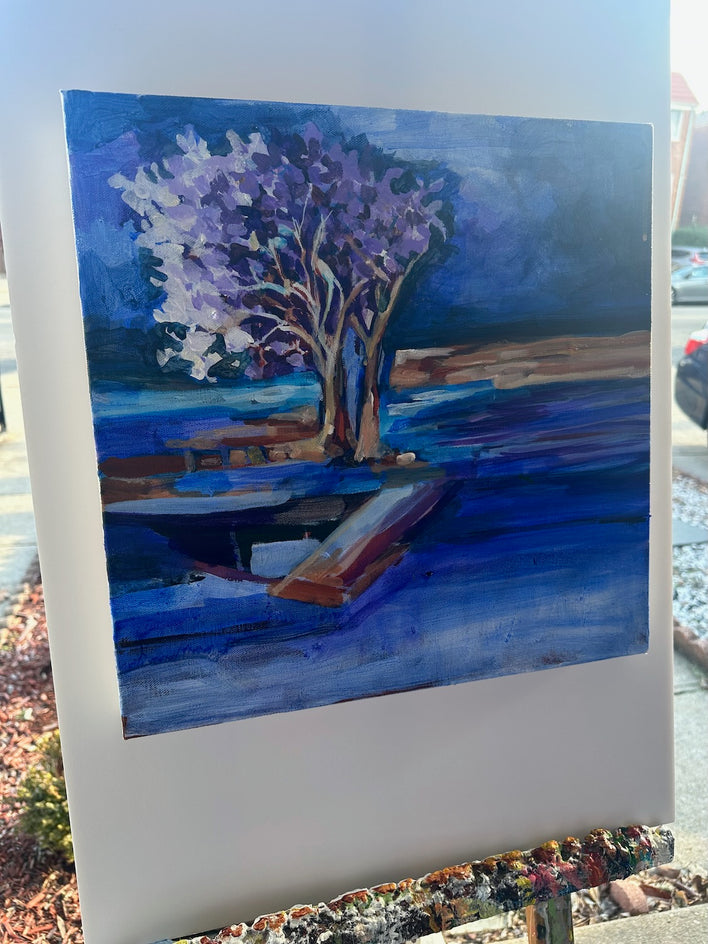 Snowy Cherry Blossoms at Night by Colette Wirz Nauke |  Side View of Artwork 