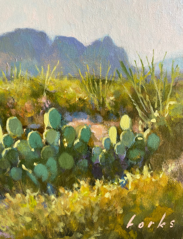 Morning Light on the Mule Ears by David Forks |  Closeup View of Artwork 