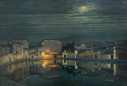 oil painting by David Qiyi Liu titled Moonlit Village