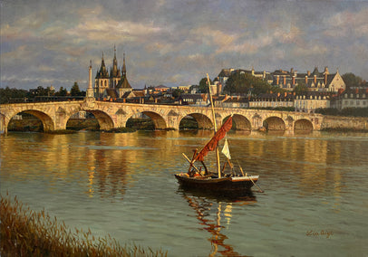 oil painting by David Qiyi Liu titled Riverside in the Evening Glow