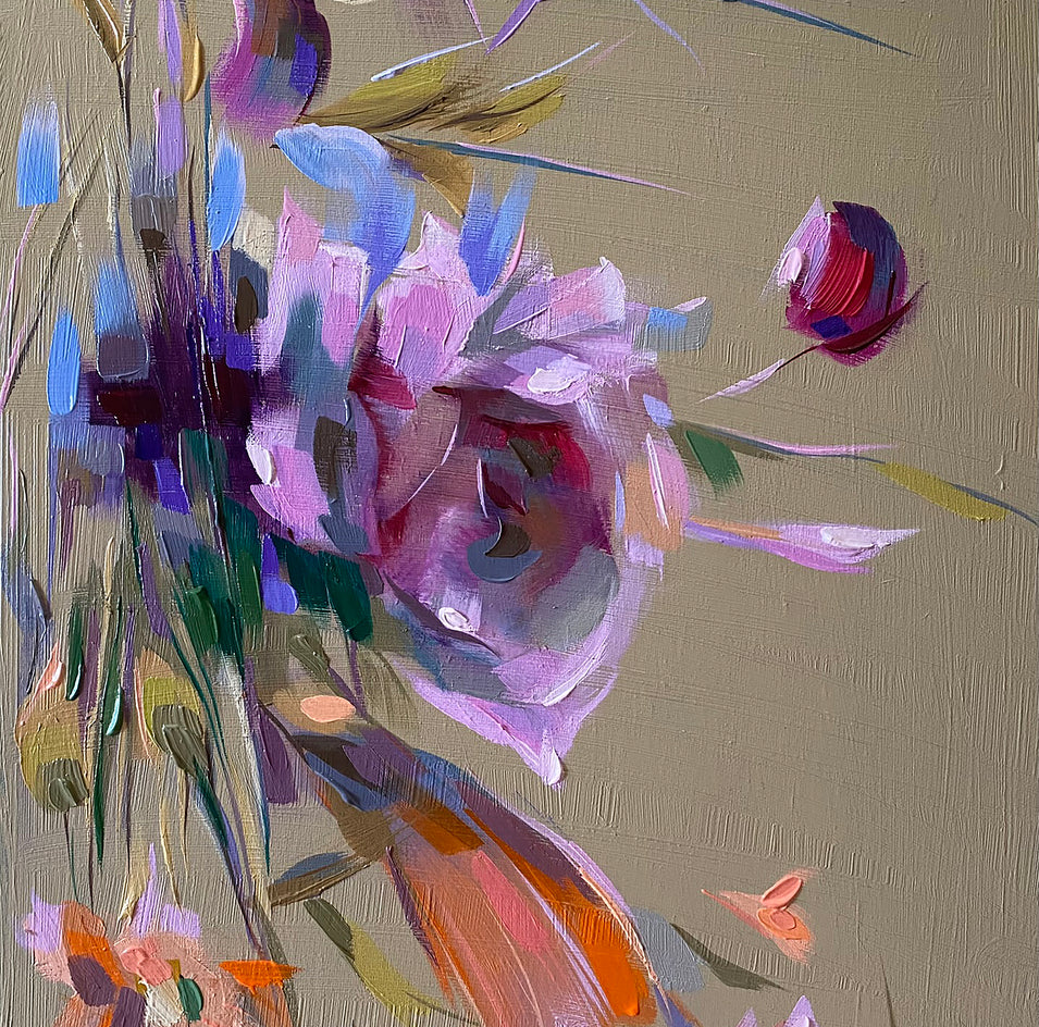Flowers in Beige 1 by Dowa Hattem |  Closeup View of Artwork 