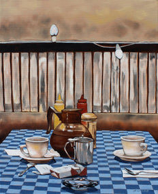 oil painting by Duane Brown titled Coffee and Cigarettes