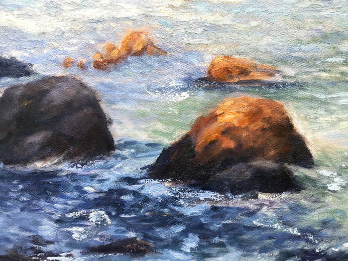 Ocean Cliffs, Warm Light by Elizabeth Garat |   Closeup View of Artwork 