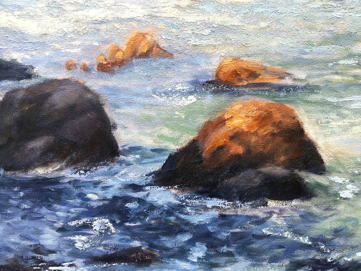 Ocean Cliffs, Warm Light by Elizabeth Garat |  Closeup View of Artwork 