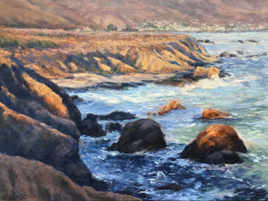 oil painting by Elizabeth Garat titled Ocean Cliffs, Warm Light