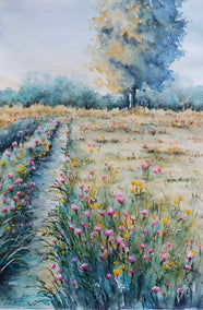 watercolor painting by Erika Fabókné Kocsi titled Road to the Big Tree.