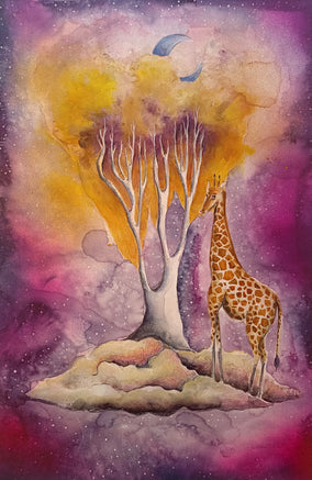 Original art for sale at UGallery.com | Giraffe and the Golden Tree by Evgenia Smirnova | $700 | mixed media artwork | 23' h x 15' w