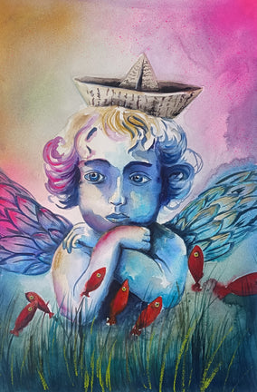 Original art for sale at UGallery.com | Paper Boat Dreams by Evgenia Smirnova | $700 | mixed media artwork | 23' h x 15' w