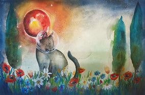 Original art for sale at UGallery.com | The Dreamer Under the Red Moon by Evgenia Smirnova | $700 | mixed media artwork | 15' h x 23' w