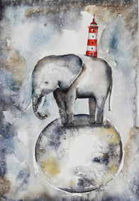 watercolor painting by Evgenia Smirnova titled Elephant on the Moon