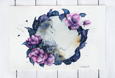 Original art for sale at UGallery.com | Moon and Purple Flowers by Evgenia Smirnova | $650 | watercolor painting | 15' h x 23' w | thumbnail 3