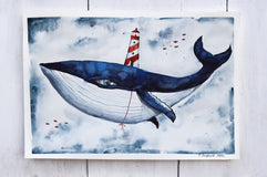 Original art for sale at UGallery.com | Whale & The Lighthouse by Evgenia Smirnova | $650 | watercolor painting | 15' h x 23' w | thumbnail 3