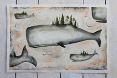 Original art for sale at UGallery.com | Whales Sunrise by Evgenia Smirnova | $650 | watercolor painting | 15' h x 23' w | thumbnail 3