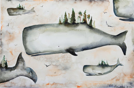 watercolor painting by Evgenia Smirnova titled Whales Sunrise