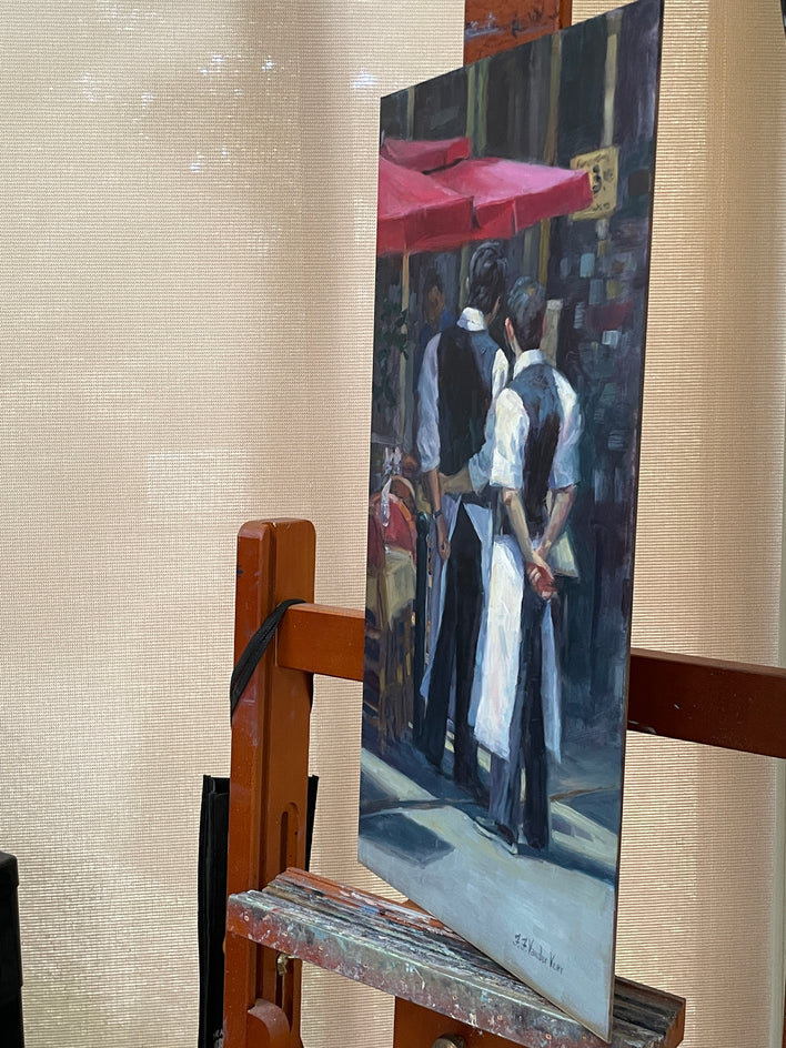 Waiting in Paris by Faye Vander Veer |  Side View of Artwork 