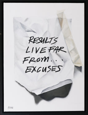 Original art for sale at UGallery.com | Results Live Far from Excuses by Jay Jones (aka FunnyTummy) | $2,350 | oil painting | 19.29' h x 25.2' w