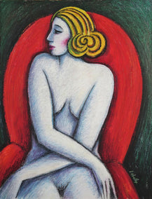 pastel artwork by Guillermo Martí Ceballos titled Naked on the Red Sofa