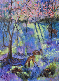 oil painting by Gulshaba Abbasova titled Deers in the Spring Light