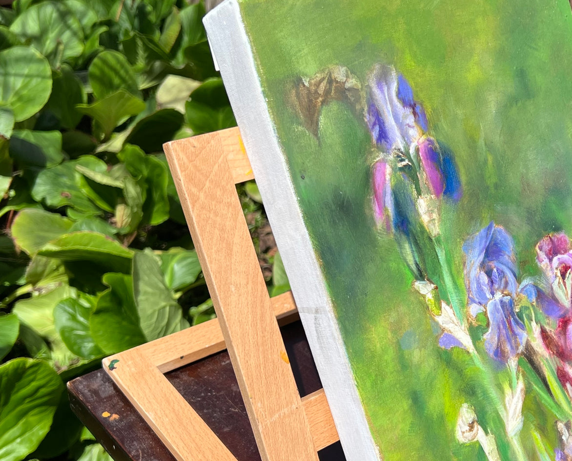 Purple Irises by Hilary Gomes |  Side View of Artwork 