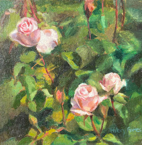 Original art for sale at UGallery.com | Three Light Pink Rose Buds by Hilary Gomes | $425 | oil painting | 8' h x 8' w