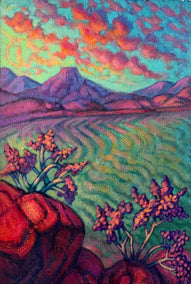 acrylic painting by Jakki Kouffman titled Abiquiu Sunset, Pedernal Shadow