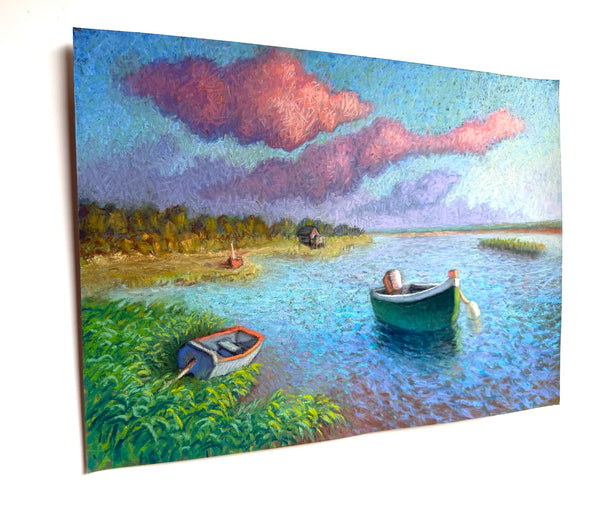 Early Morning, Old Green Boat by Jakki Kouffman |  Side View of Artwork 