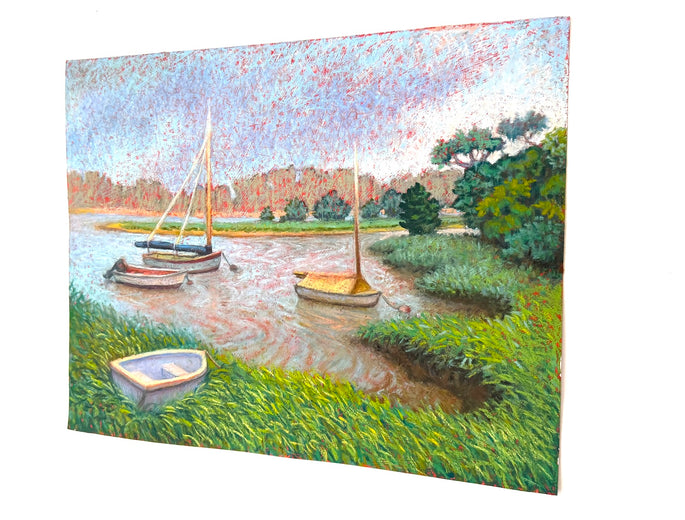 Four Boats, Misty Morning by Jakki Kouffman |  Side View of Artwork 