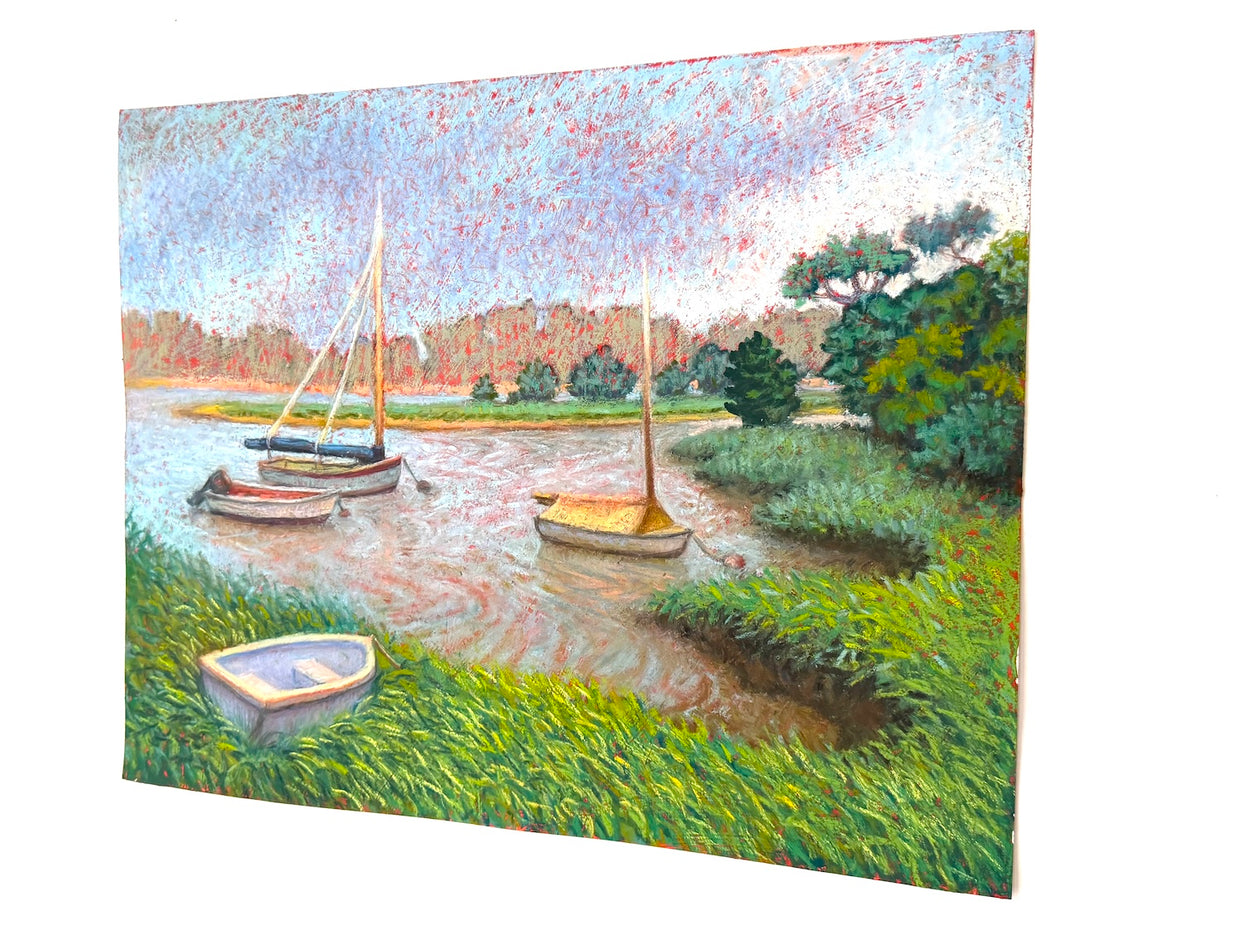 Four Boats, Misty Morning by Jakki Kouffman |  Side View of Artwork 