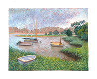 Original art for sale at UGallery.com | Four Boats, Misty Morning by Jakki Kouffman | $825 | pastel artwork | 11' h x 14' w | thumbnail 3
